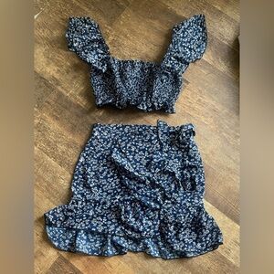 SHEIN 2 Piece Wrap Shirt & Top Set Navy Floral